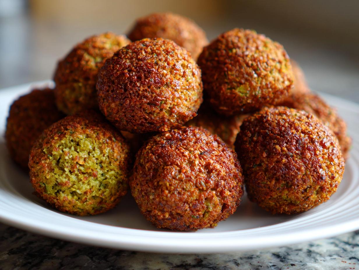 A close-up shot of a pile of golden-brown, crispy falafel balls on a white plate.