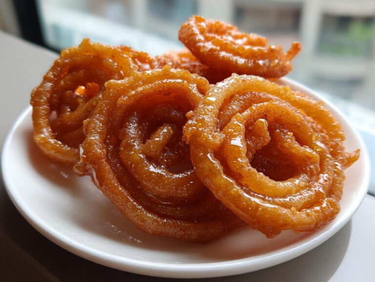 Close-up of golden-brown, crispy Jalebi spirals glistening with syrup on a white plate.