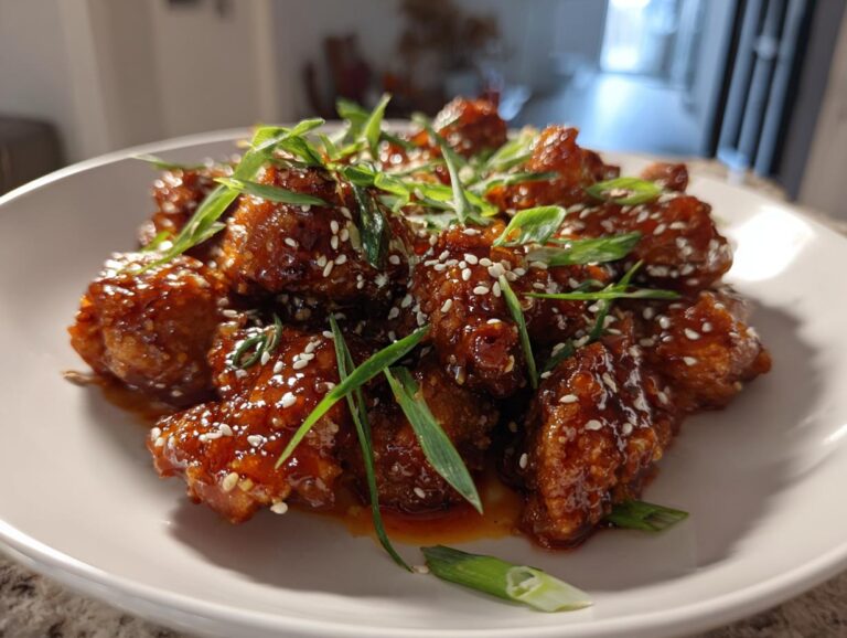 A plate of crispy sweet chili chicken, garnished with sesame seeds and green onions. Ready to eat!