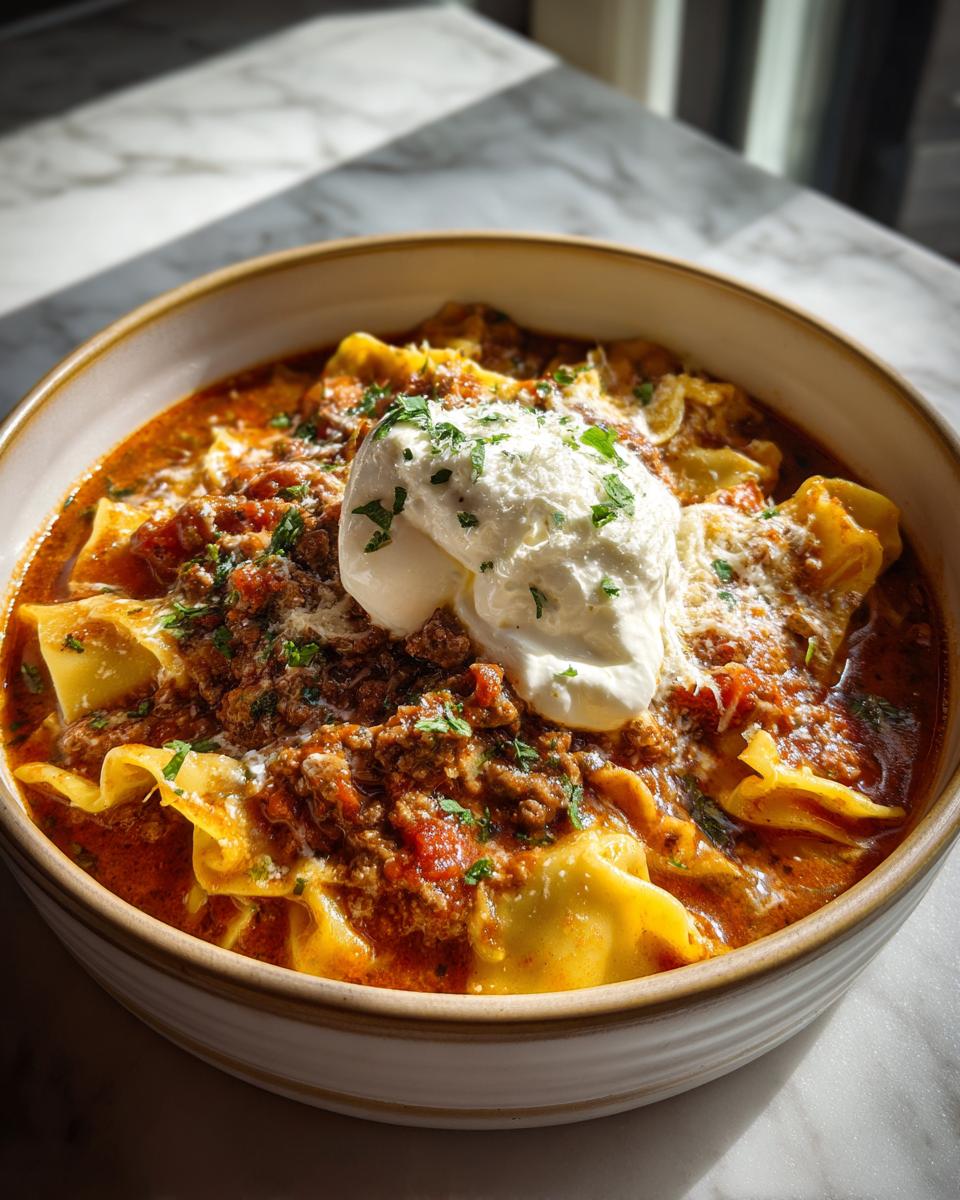 A bowl of Crockpot lasagna soup topped with ricotta cheese, parmesan, and parsley.