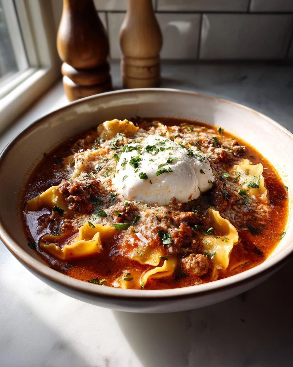 A bowl of Crockpot lasagna soup topped with ricotta cheese and fresh parsley.