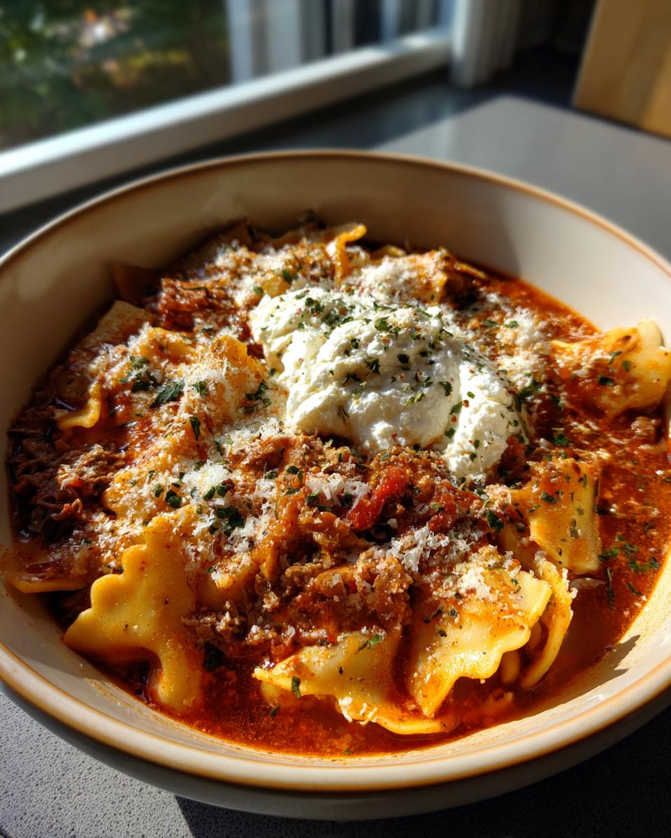 A bowl of Crockpot lasagna soup topped with ricotta cheese, parmesan, and herbs.