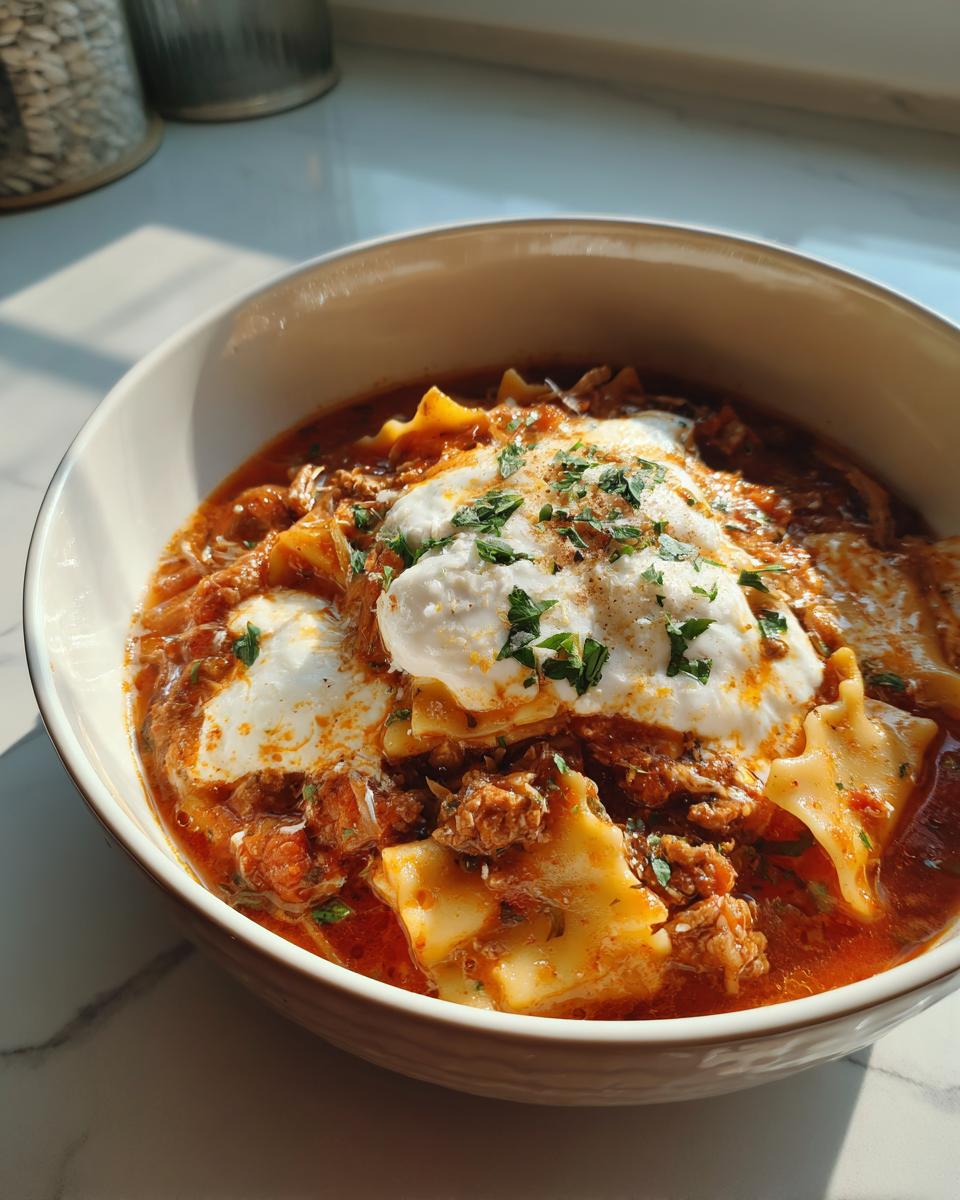 A bowl of hearty Crockpot lasagna soup, topped with dollops of cheese and fresh parsley.
