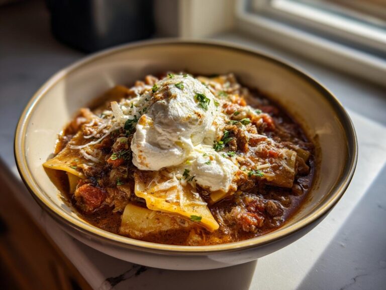 A hearty bowl of Crockpot lasagna soup, topped with ricotta cheese, parmesan, and fresh herbs.
