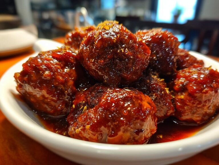 Close-up of crockpot meatballs in a white bowl, coated in a rich, glossy sauce.