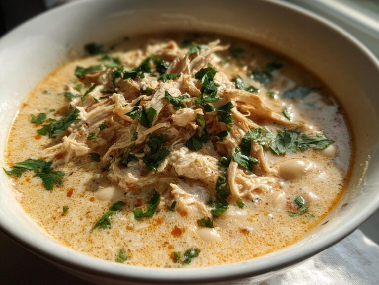A bowl of creamy Crockpot white chicken chili topped with shredded chicken and fresh parsley.