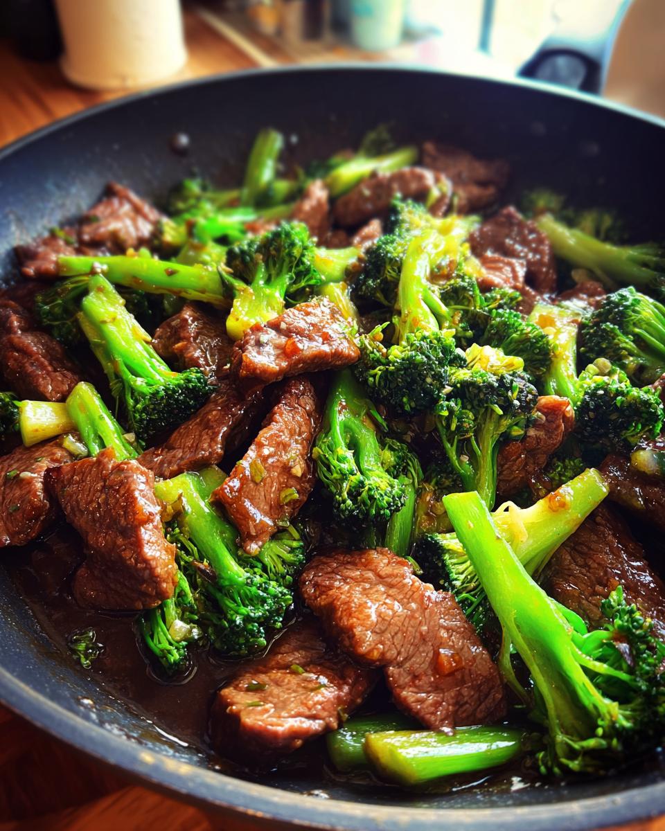 Close-up of tender beef and vibrant broccoli florets stir-fried in a dark pan, coated in a glossy sauce.