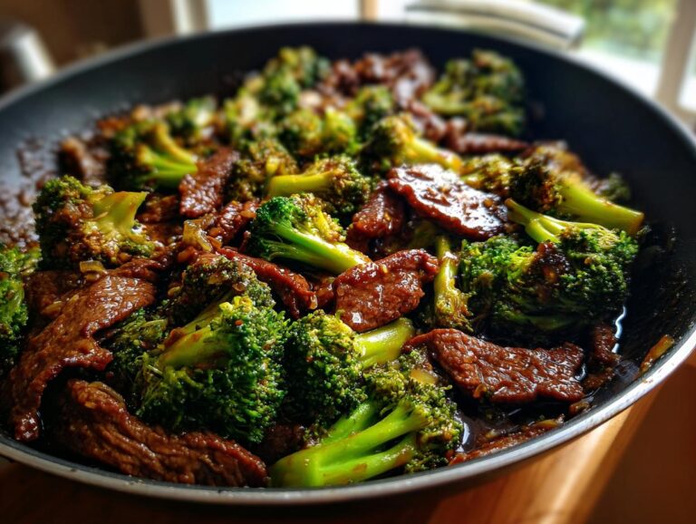 Close-up of a pan filled with tender slices of beef and vibrant green broccoli florets coated in a glossy sauce.