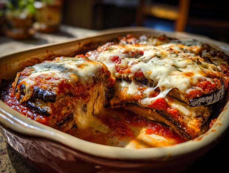A close-up of a baked Eggplant Parmesan dish, showing layers of eggplant, marinara sauce, and melted mozzarella cheese.