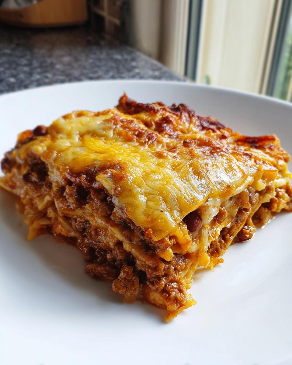 A close-up of a hearty slice of enchilada casserole, featuring layers of pasta, seasoned ground meat, and melted cheese.