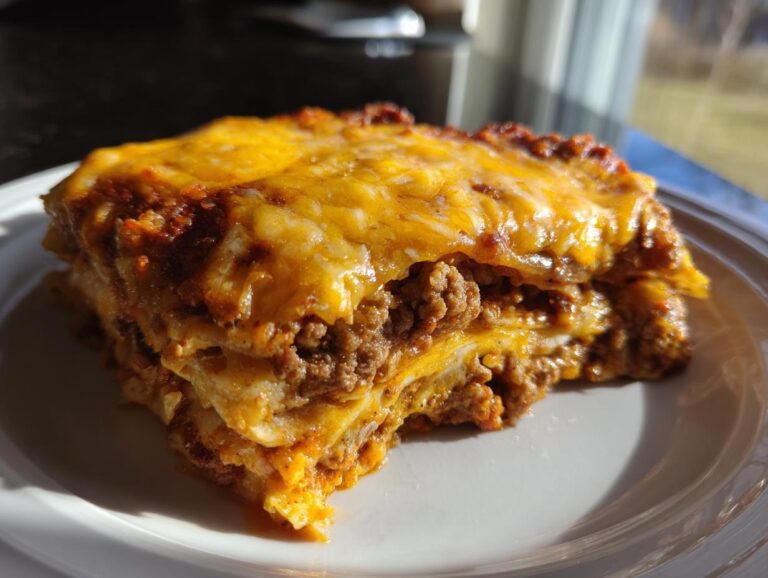 A close-up of a hearty slice of enchilada casserole, featuring layers of tortillas, seasoned ground beef, and melted cheddar cheese.
