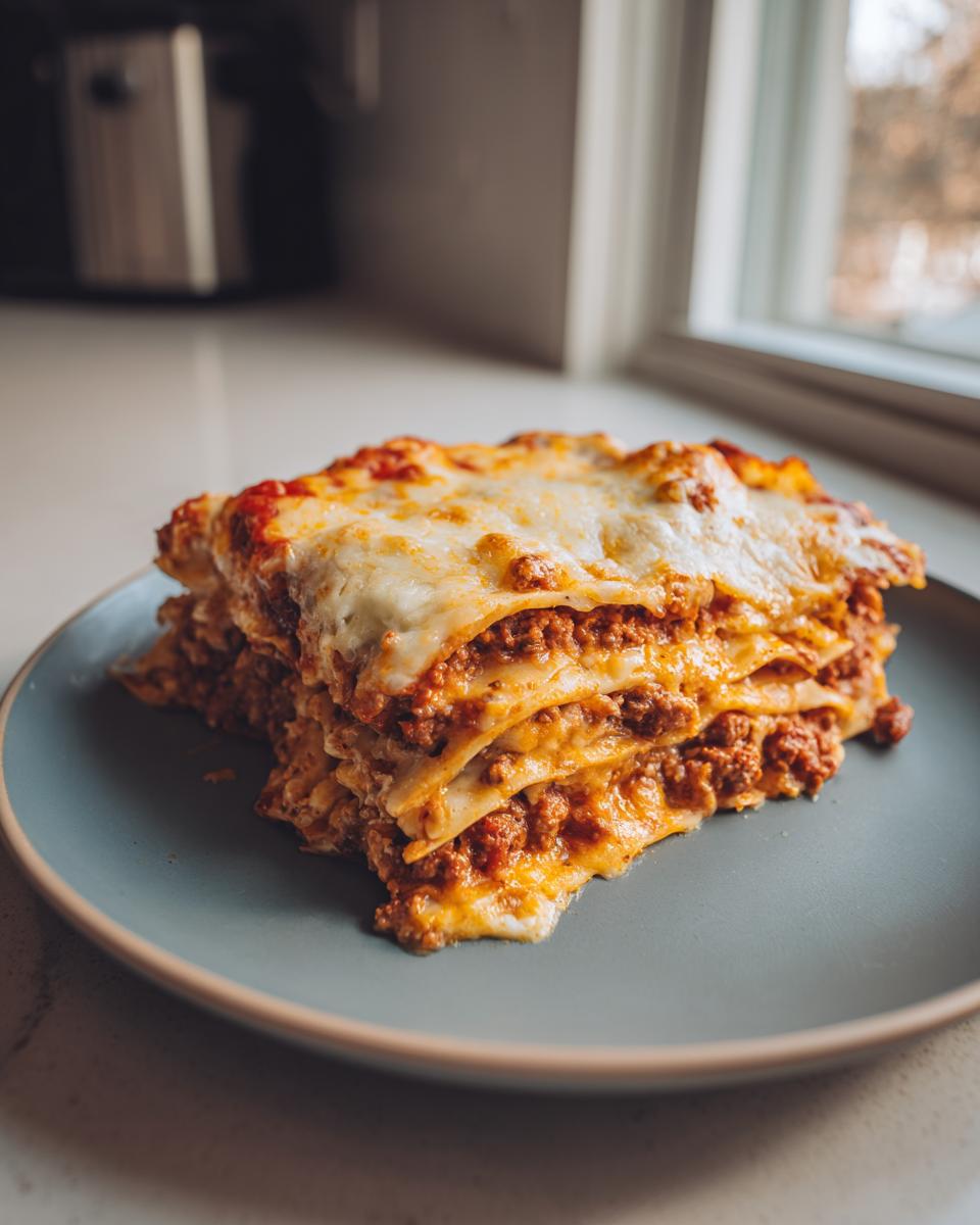 A hearty slice of enchilada casserole with layers of pasta, meat sauce, and melted cheese.