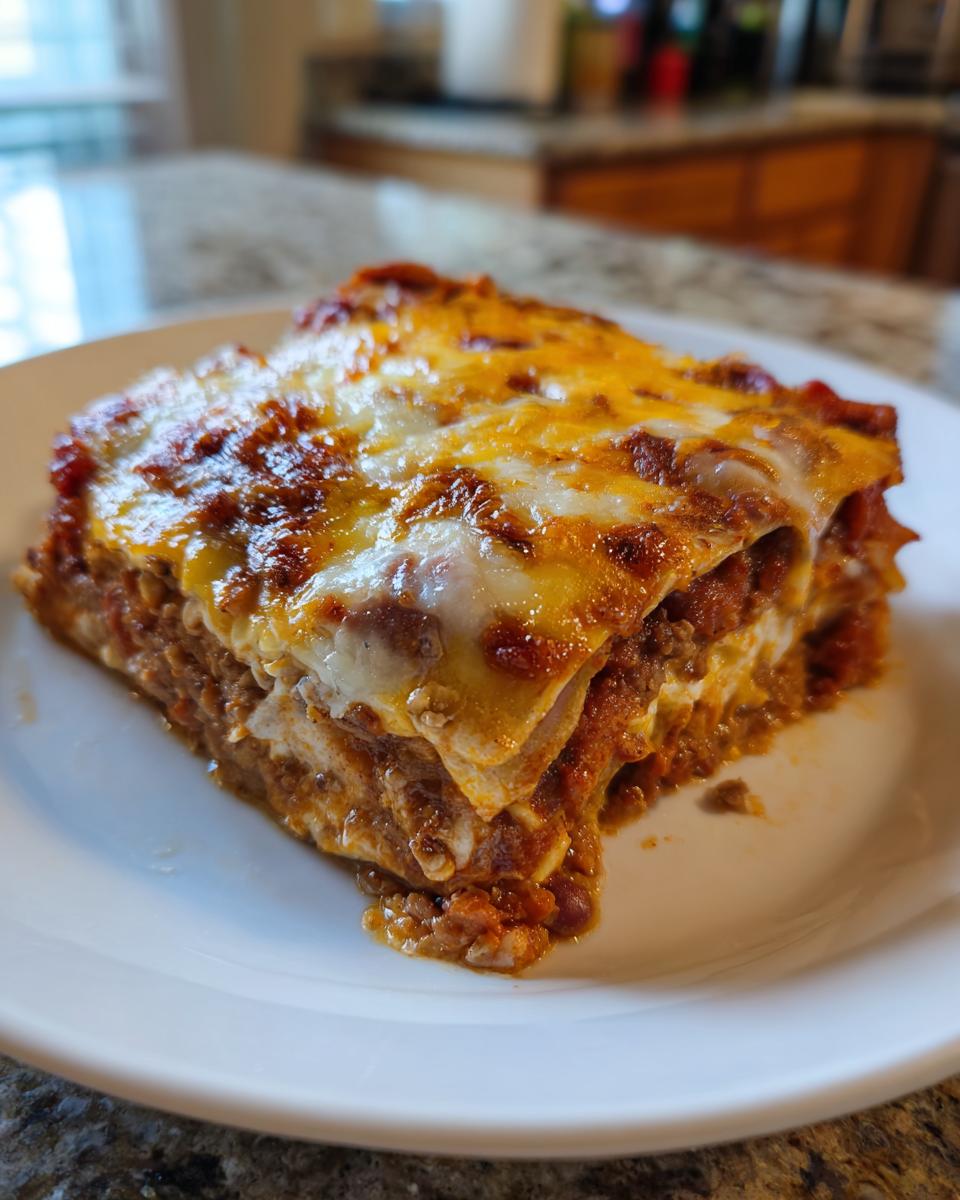 A close-up of a delicious slice of enchilada casserole, featuring layers of tortillas, meat, and melted cheese.