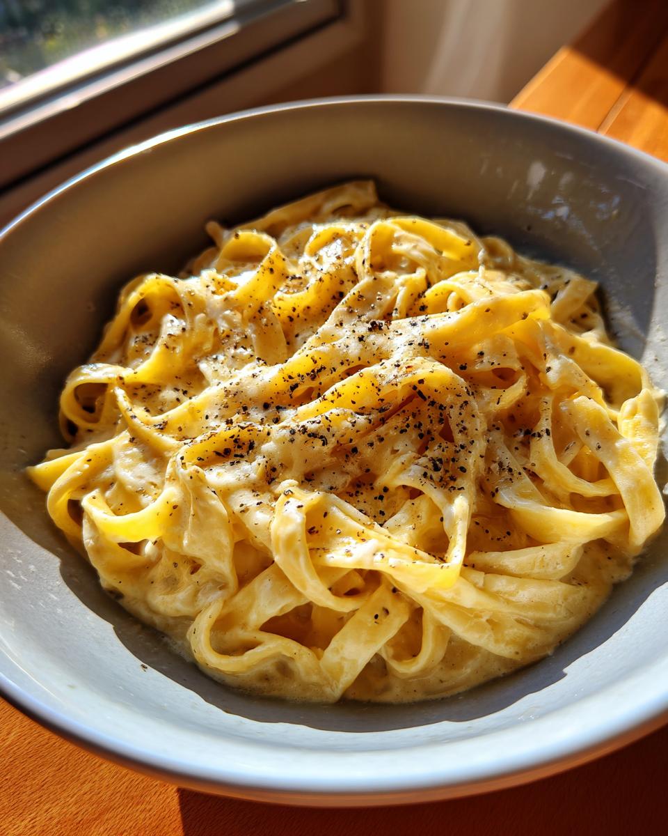 A close-up shot of a bowl of creamy Fettuccine Alfredo, topped with freshly ground black pepper.