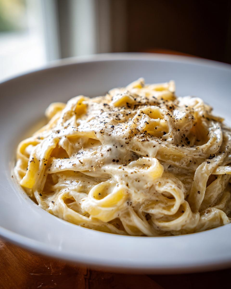 Close-up of a bowl of creamy Fettuccine Alfredo pasta, generously seasoned with freshly ground black pepper.