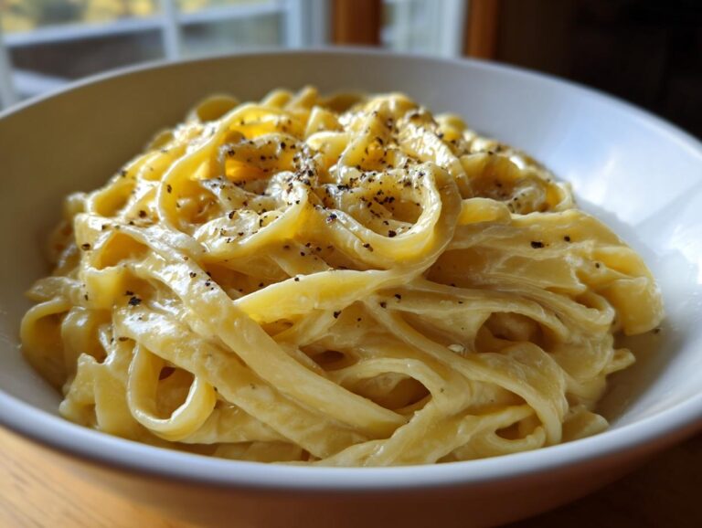 A close-up of a bowl of creamy Fettuccine Alfredo pasta, generously seasoned with black pepper.