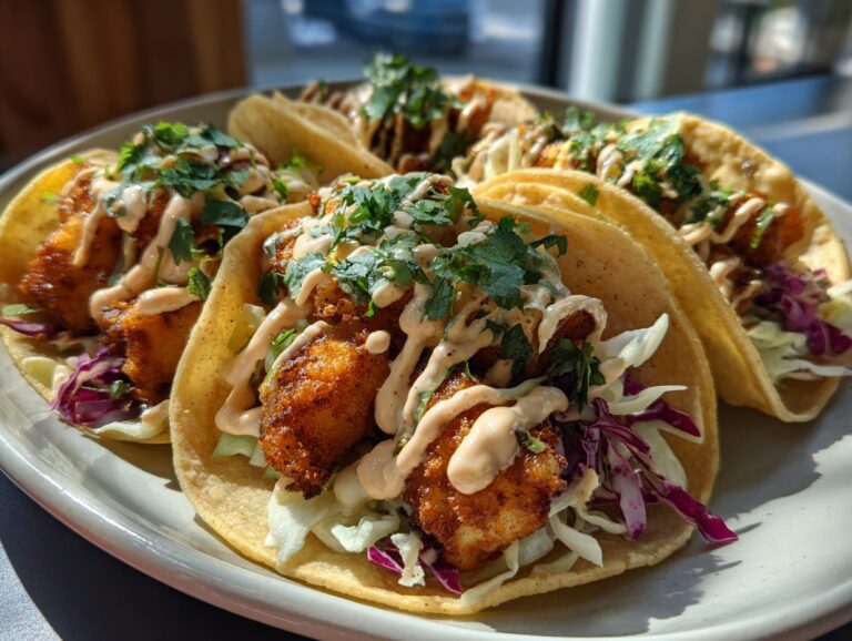 Close-up of freshly made fish tacos topped with cilantro, creamy sauce, and shredded cabbage.