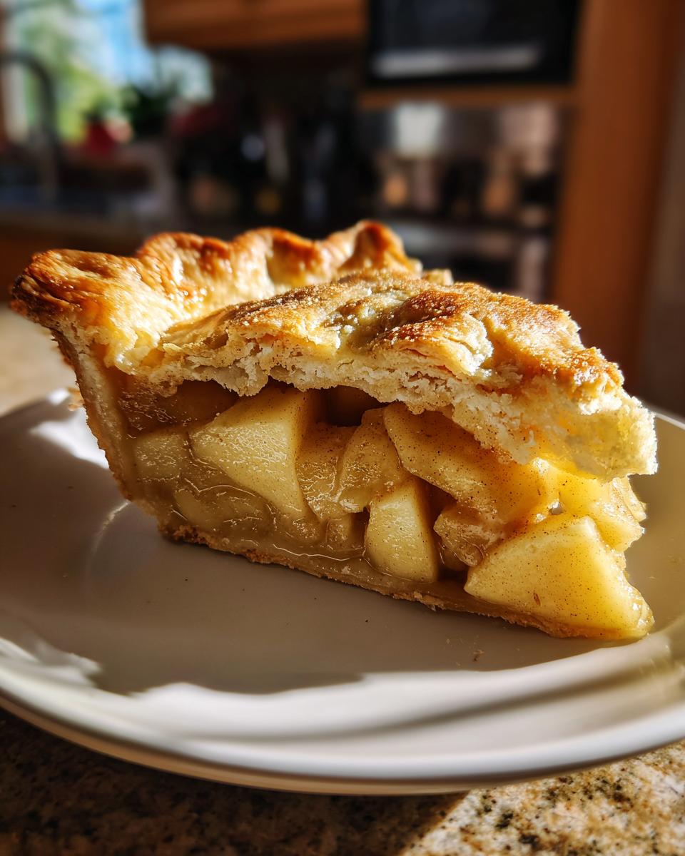 A close-up of a delicious slice of apple pie with a golden flaky crust and visible apple filling.