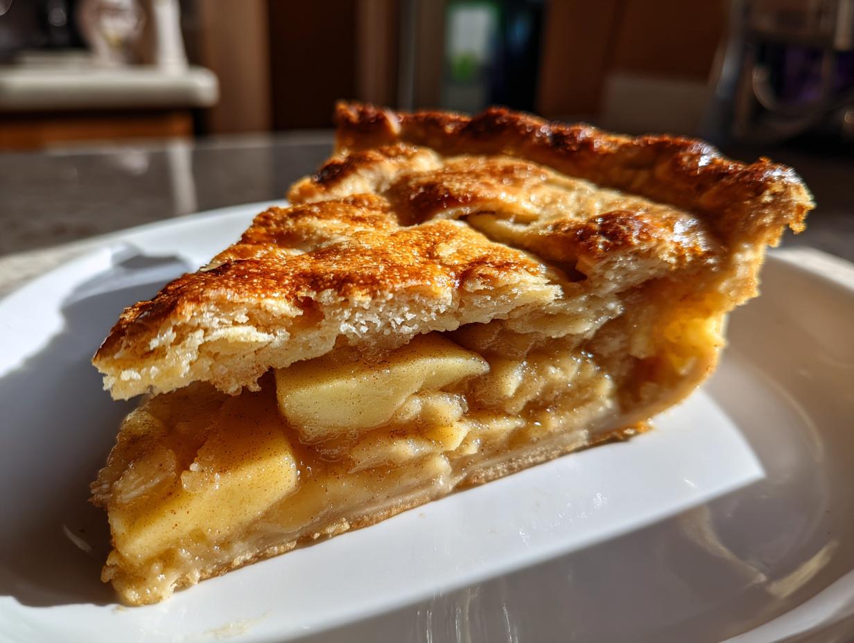 A close-up of a delicious slice of apple pie with a golden flaky crust and visible apple filling.
