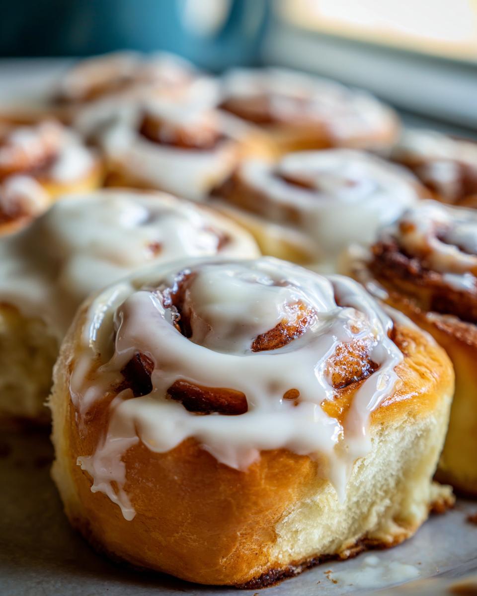 Close-up of a batch of fluffy cinnamon rolls topped with creamy white frosting.