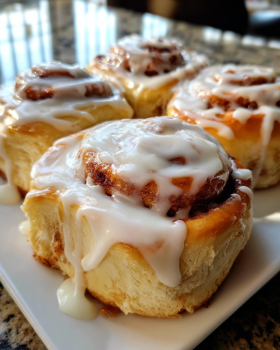 Close-up of several fluffy cinnamon rolls generously topped with white cream cheese frosting.