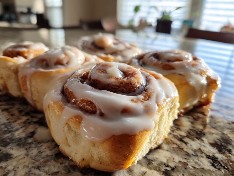 Close-up of fluffy cinnamon rolls drizzled with a creamy white glaze, showcasing the spiral cinnamon filling.