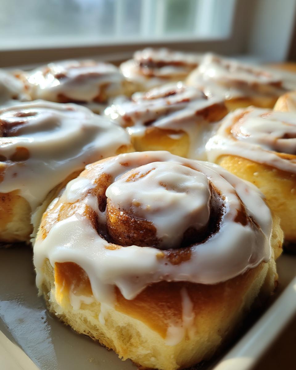Close-up of freshly baked fluffy cinnamon rolls generously topped with white cream cheese icing.