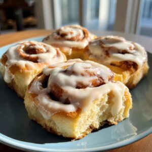 Close-up of fluffy cinnamon rolls generously topped with cream cheese icing on a blue plate.