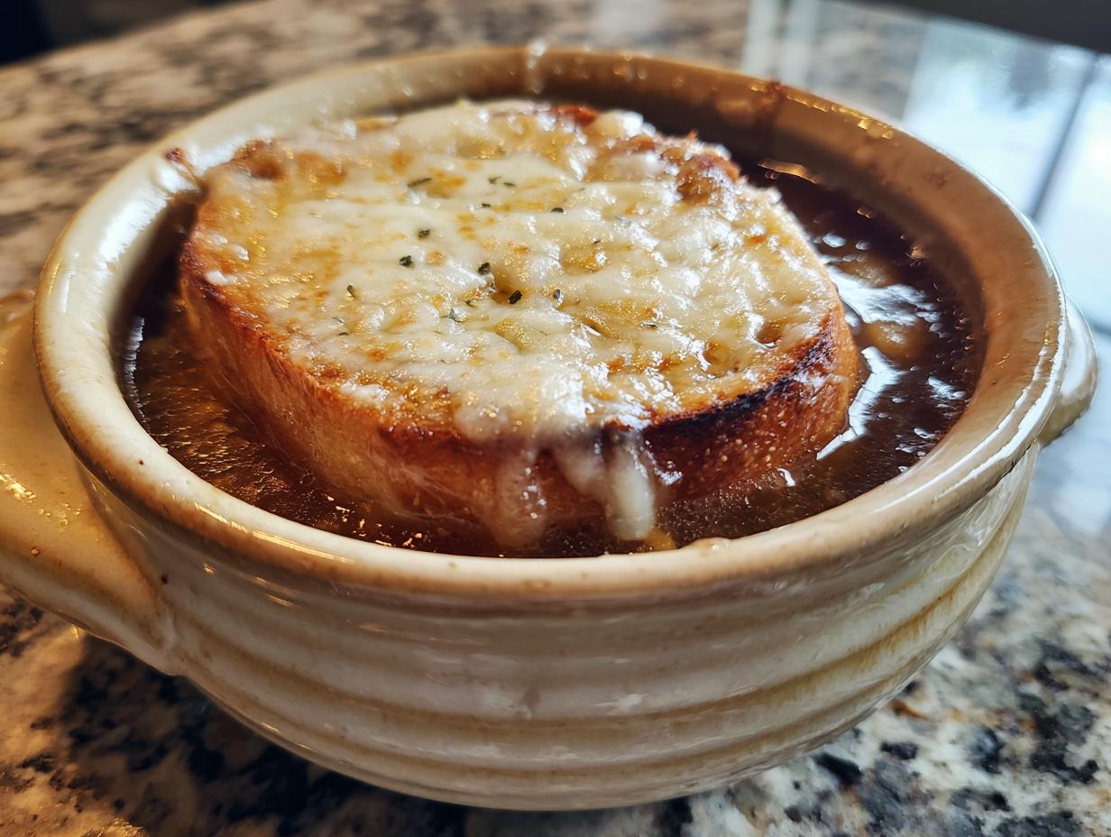 A close-up of a bowl of French onion soup topped with a thick, melted, golden-brown cheese and a toasted crouton.
