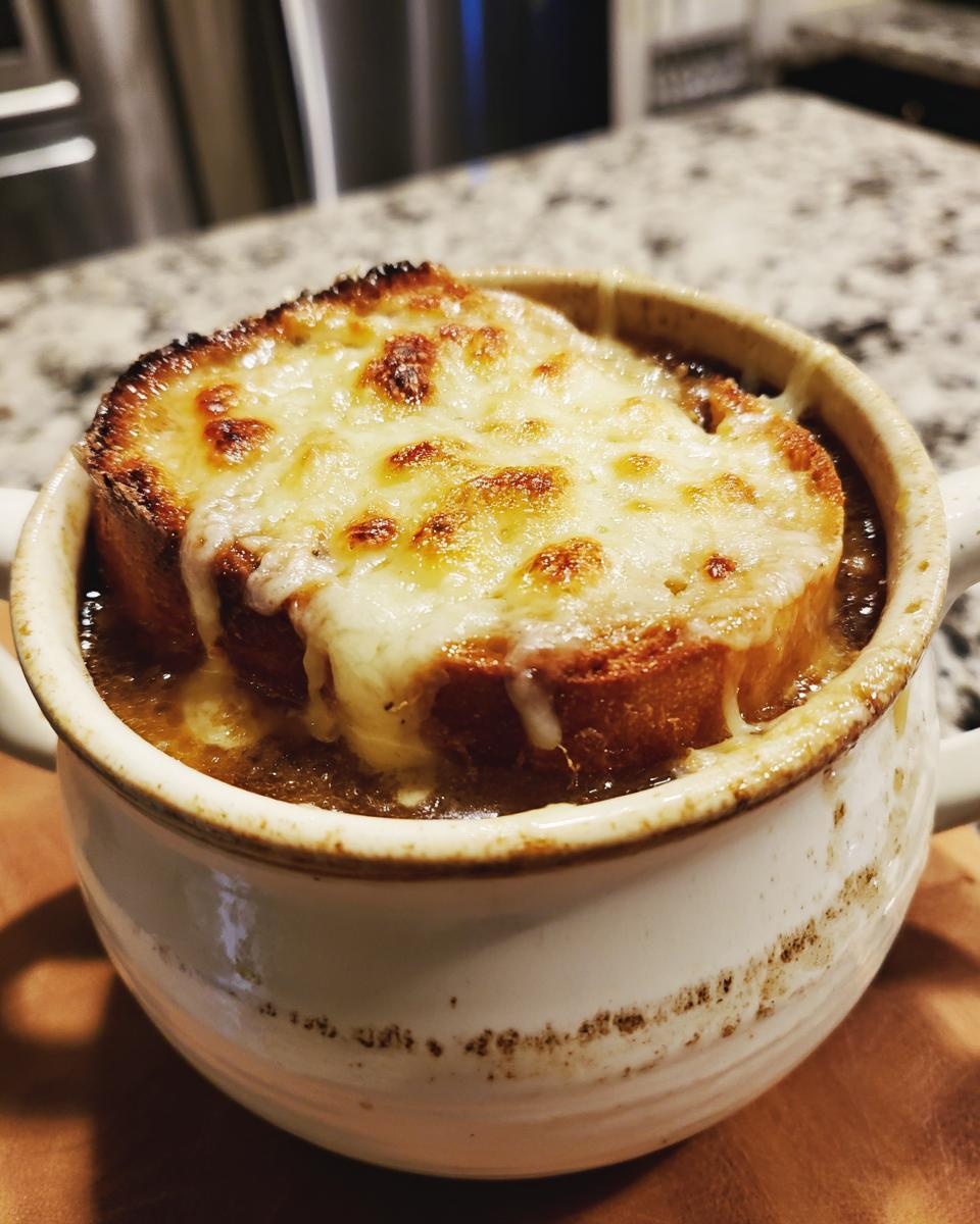 A close-up of a bowl of French onion soup topped with a thick layer of melted, golden-brown cheese and a crouton.