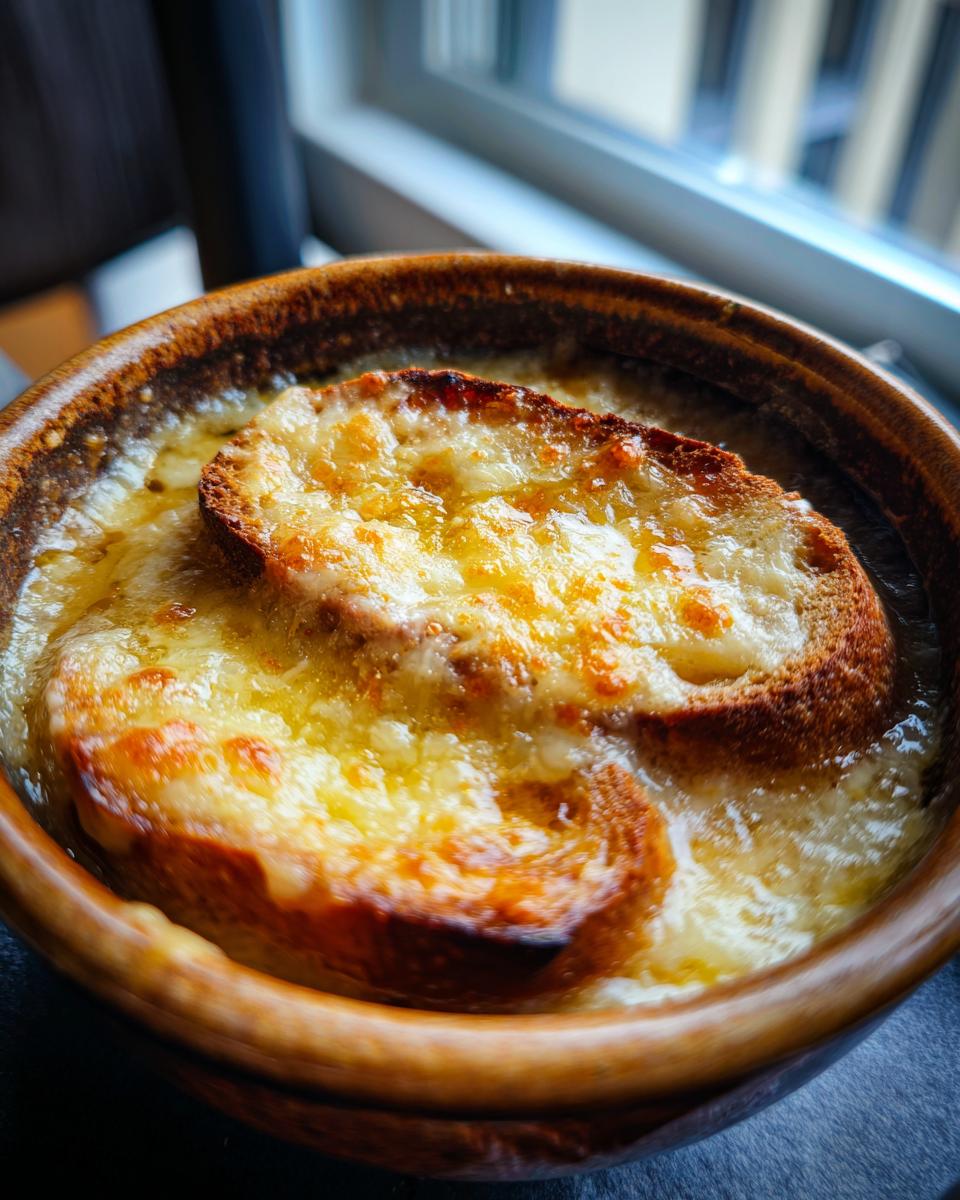 Close-up of a bubbling bowl of French onion soup topped with melted cheese and toasted bread.