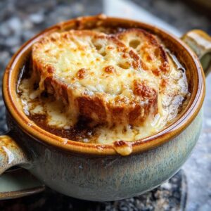Close-up of a steaming bowl of French onion soup topped with crusty bread and melted, golden-brown cheese.