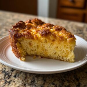 A slice of golden brown French toast casserole on a white plate, showcasing its fluffy interior and crisp topping.