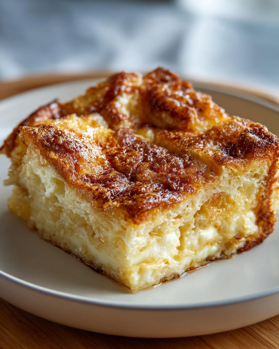 A close-up of a golden-brown slice of French toast casserole on a plate, showing its fluffy interior.