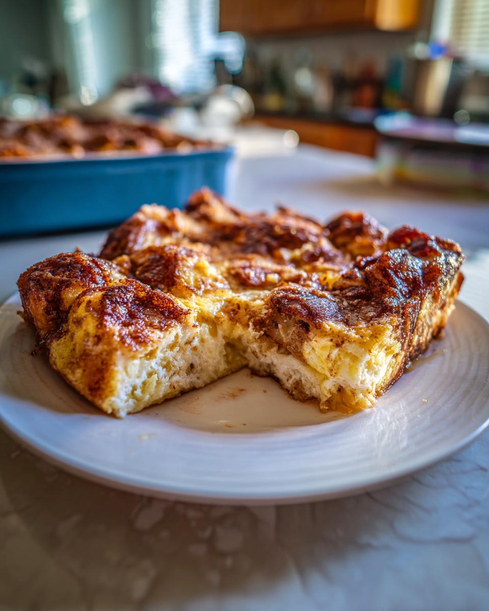 A close-up of a slice of French toast casserole on a white plate, showing its fluffy texture and cinnamon topping.