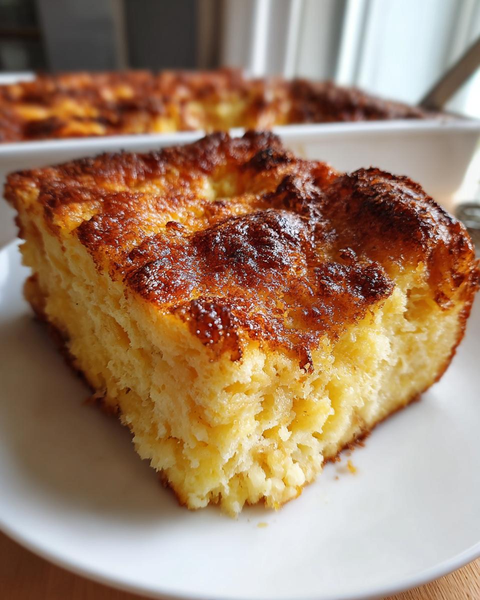 A close-up of a golden-brown slice of French toast casserole on a white plate.