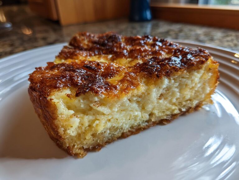A close-up of a golden-brown slice of French toast casserole on a white plate.