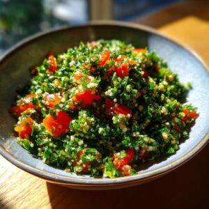 Close-up of a vibrant Tabbouleh salad in a grey bowl, featuring finely chopped parsley, tomatoes, and bulgur wheat.