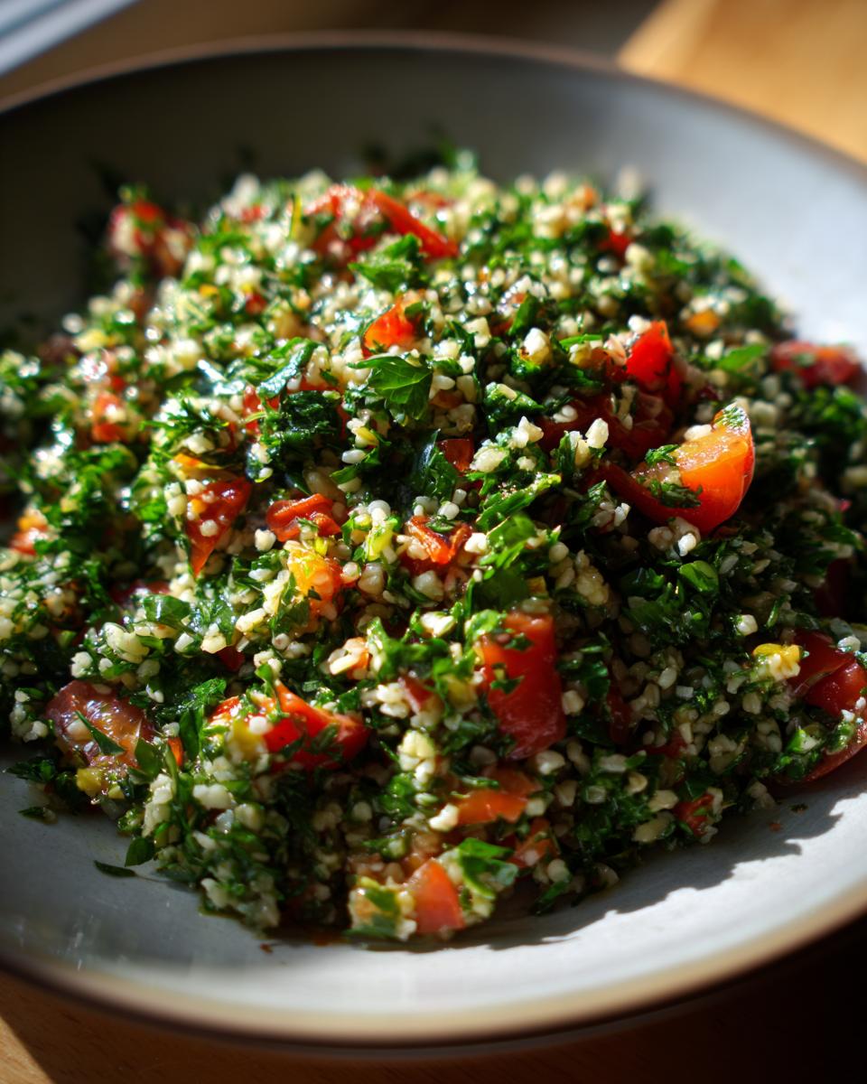 A close-up of a bowl filled with fresh Tabbouleh salad, featuring finely chopped parsley, tomatoes, and bulgur wheat.
