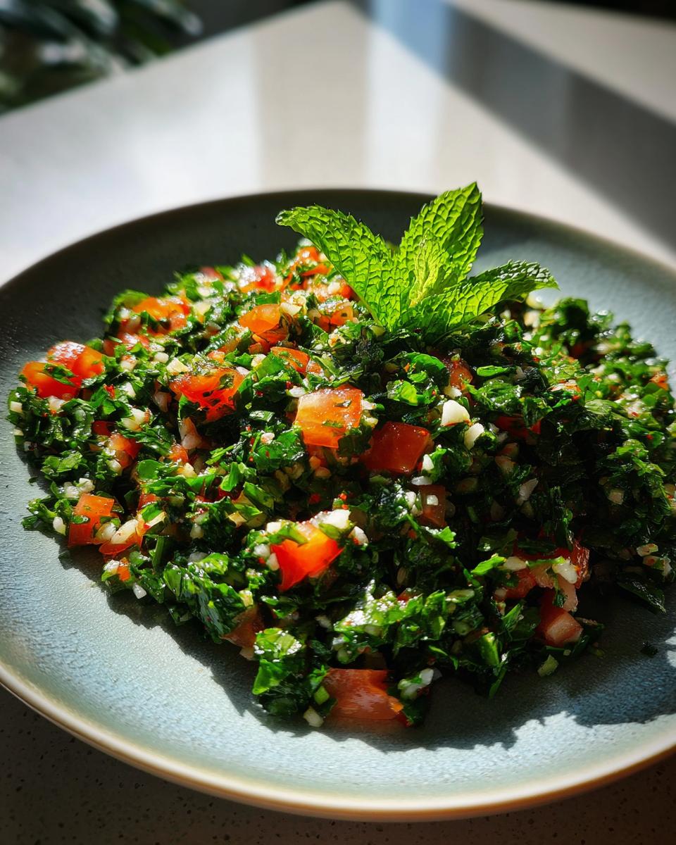 A close-up of a vibrant Tabbouleh salad, featuring finely chopped parsley, tomatoes, and mint on a plate.