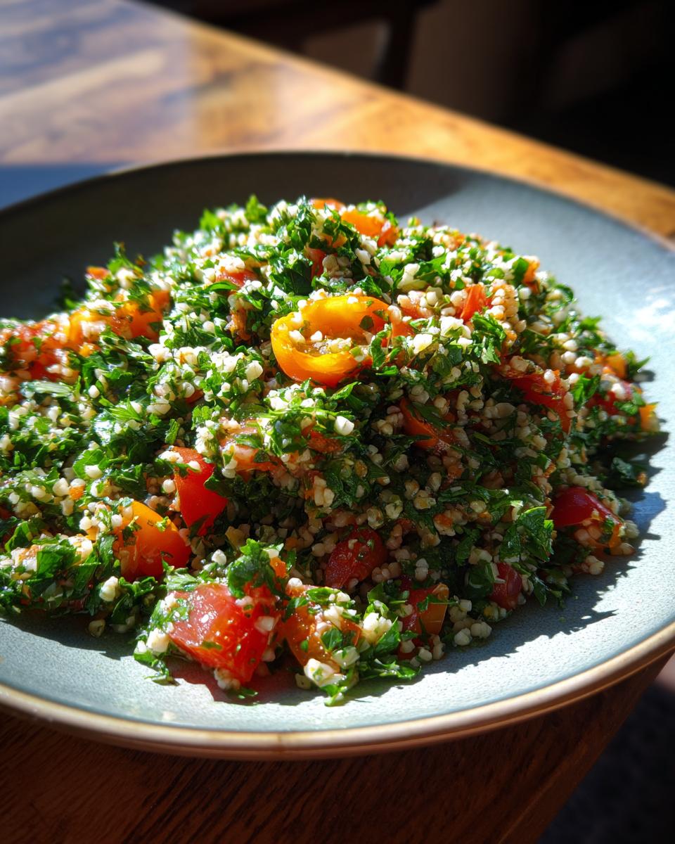 A close-up of a bowl of fresh Tabbouleh salad, packed with finely chopped parsley, tomatoes, and bulgur wheat.