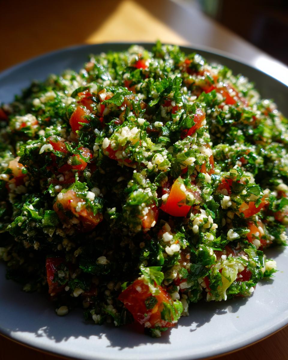 A close-up of a bowl filled with fresh Tabbouleh salad, showcasing chopped parsley, tomatoes, and bulgur wheat.