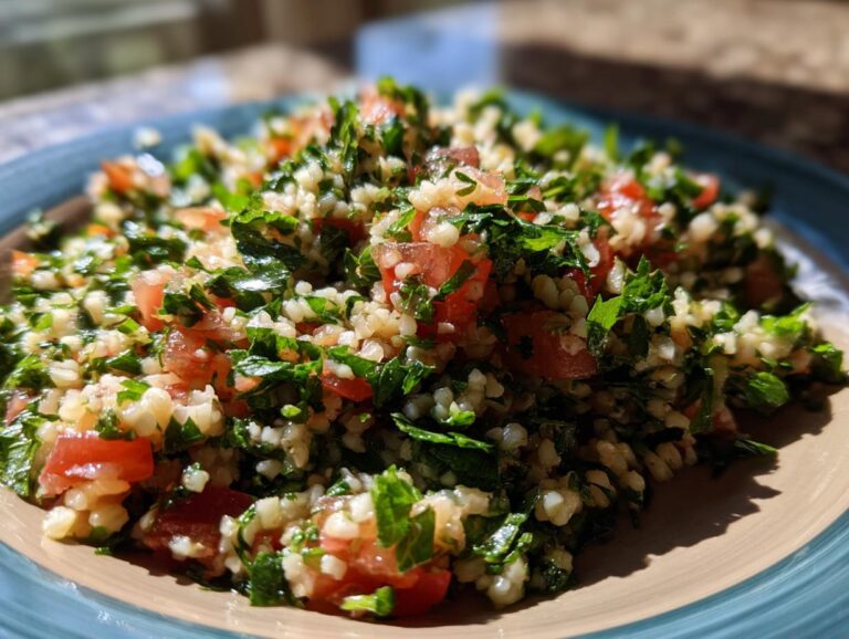 Close-up of a vibrant Tabbouleh salad with fresh parsley, diced tomatoes, and bulgur wheat.