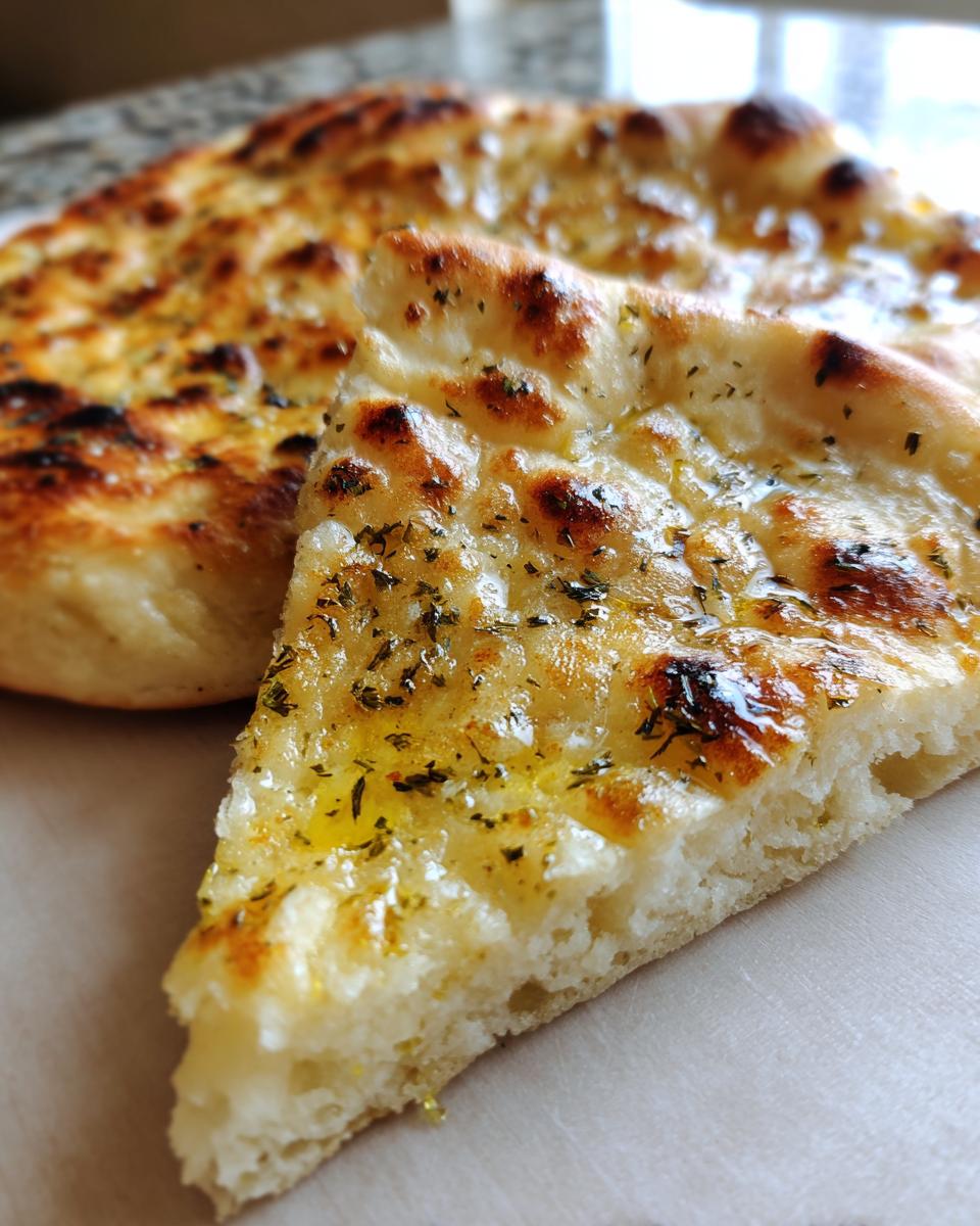 A close-up of a slice of soft, chewy garlic herb naan bread, glistening with melted butter and herbs.