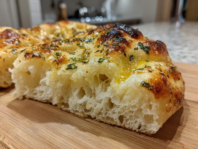 A close-up of a slice of soft, chewy garlic herb naan bread, showing its airy texture and golden-brown crust.