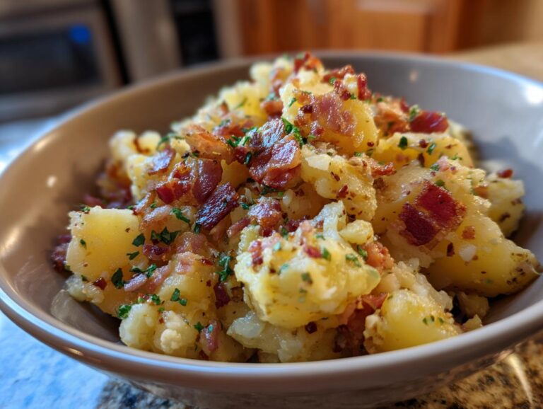 Close-up of a bowl filled with warm German potato salad, topped with crispy bacon bits and fresh parsley.