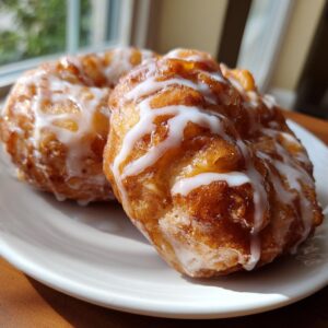 Two golden brown apple fritters drizzled with white glaze, sitting on a white plate.