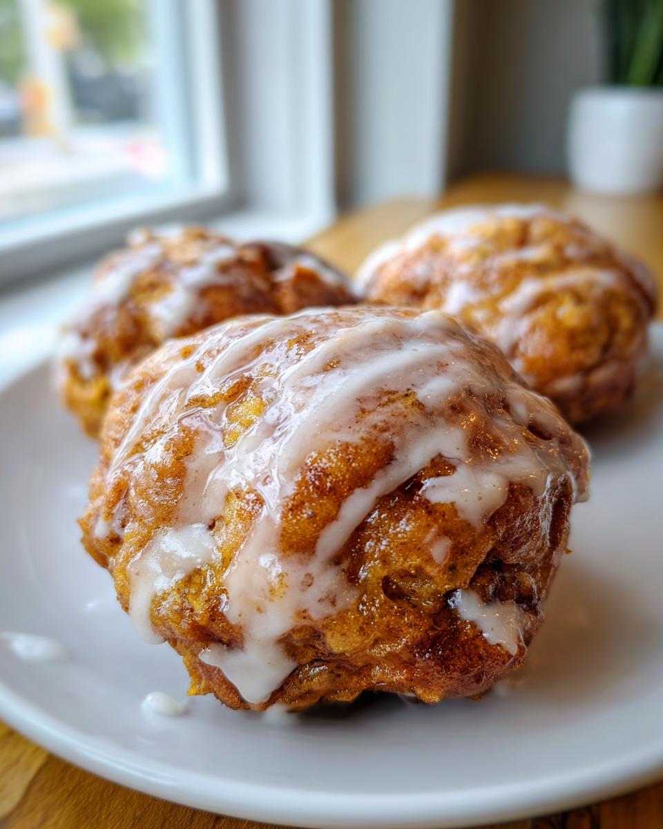 Three glazed apple fritters sit on a white plate, showcasing their golden-brown texture and sweet icing.