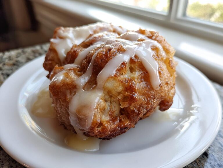 Close-up of a golden brown apple fritters drizzled with sweet glaze on a white plate.