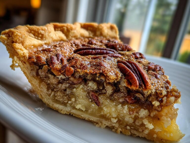 A close-up, mouthwatering slice of gooey Southern Pecan Pie, showcasing the flaky crust and rich filling topped with whole pecans.